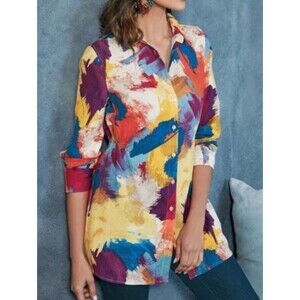 Soft Surroundings Painter's Palette Artsy Gauze Button Down Shirt MP Cinched